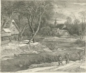 Winterlandschap met uitzicht op een dorp